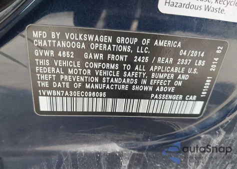 2014 Volkswagen Passat 2.0L Tdi Se из США, поврежденный, VIN 1VWBN7A30EC096095